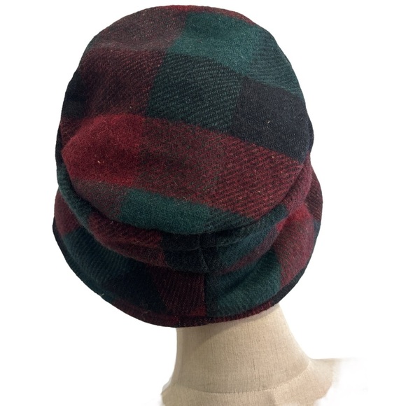 VINTAGE WOOL BLEND BURGUNDY GREEN & BLACK PLAID BUCKET HAT CLASSIC CASUAL - Picture 6 of 7